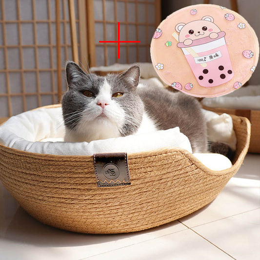 KFX-3249085 Rattan Cat Bed with Detachable Double-Sided Velvet and Ice Pad Options, Sizes S, M, L
