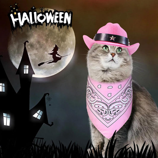 KFX-3264701 Pet Cowboy Costume Set with Hat and Bandana for Cats and Kittens, Ideal for Halloween and Cosplay Events
