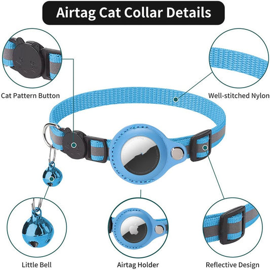 KFX-3295293 Reflective Pet Collar with Bell and Airtag Holder - Adjustable Polyester in Multiple Colors
