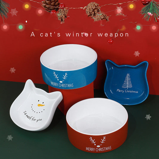 KFX-3316541 Cat Ear Shaped Ceramic Bowl in Christmas Fawn Maroon and Blue, Snowman and Christmas Tree Designs