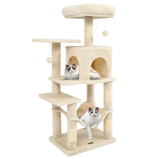 KFX-3319997 Multi-Level Cat Tree with Spacious Perch, Condo, and Hammock for Indoor Cats - Beige