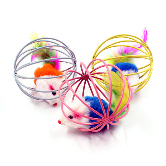 KFX-3347005 Feather-Caged Mouse Plush Cat Teaser Toy for Playful Fun