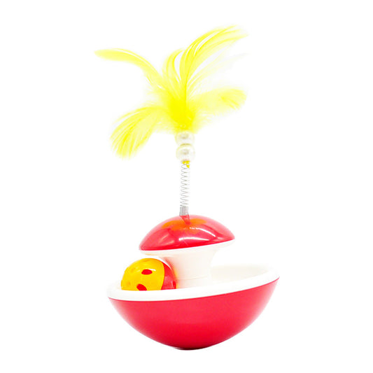 KFX-3359677 Interactive Feather Tumbler with Bell for Cats - Red & Yellow Plastic Toy