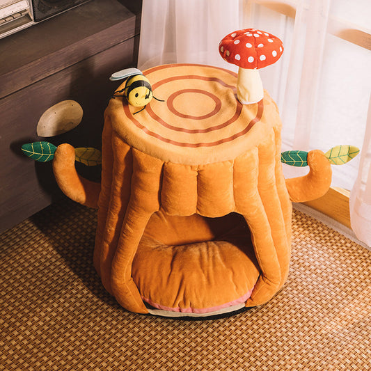 KFX-3391677 Cozy Semi-enclosed Cat House with Warm Sleeping Bag for Autumn and Winter - Tree Stump Design, 40CM High