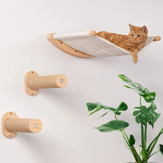 KFX-3404733 Stylish Wall-Mounted Wooden Cat Bed and Climber Set