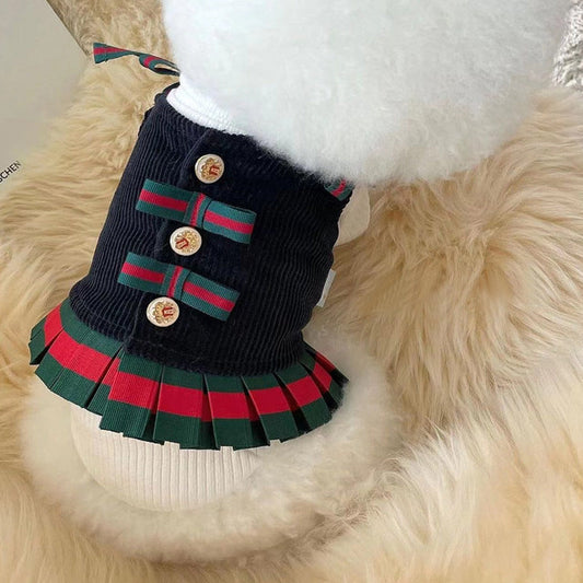 KFX-3424957 Plush Suspender Skirt for Dogs - Warm British Style in Off-White and Navy, Sizes S to XXXL