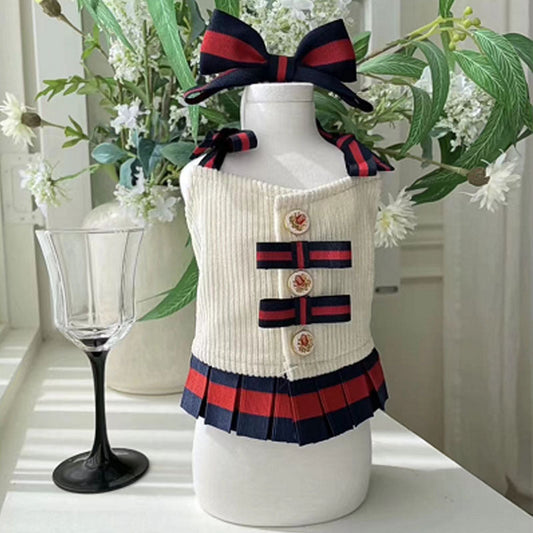 KFX-3424957 Plush Suspender Skirt for Dogs - Warm British Style in Off-White and Navy, Sizes S to XXXL