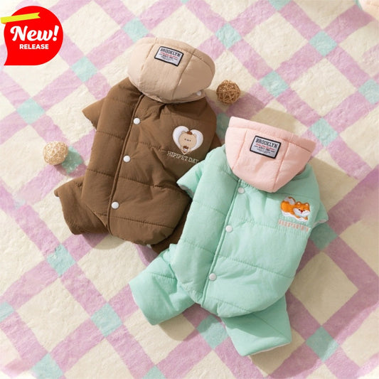 KFX-3428925 Cozy Quilted Pet Jumpsuit for Medium Dogs with Removable Caps in Brown and Mint
