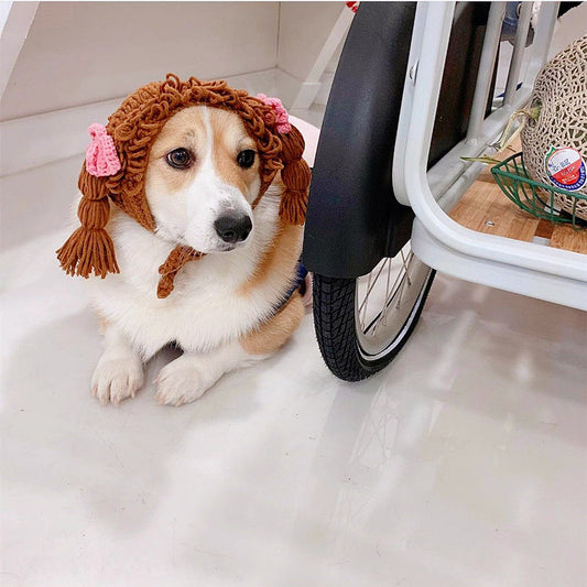 KFX-3434941 Cute Braid Pet Hat for All Seasons with Bow Design in Yellow, Brown, or Gray Options
