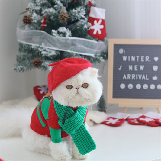 KFX-3455165 Cozy Christmas Knitted Sweater for Dogs with Beret and Scarves - Red and Green Stripes
