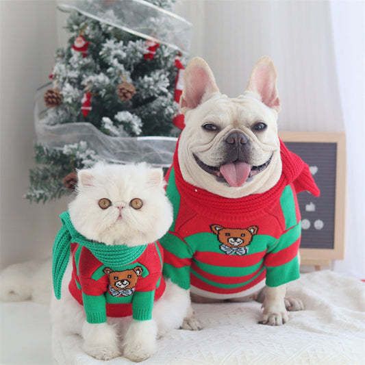 KFX-3455165 Cozy Christmas Knitted Sweater for Dogs with Beret and Scarves - Red and Green Stripes