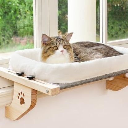 KFX-3466941 Wood Color Hanging Cat Nest Window Hammock with Cotton Cushion for Comfortable Pet Relaxation