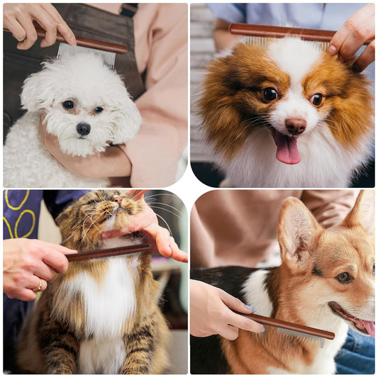 KFX-3497149 Wooden Handle Pet Comb for Grooming Long & Short Haired Dogs, Cats, and Small Pets