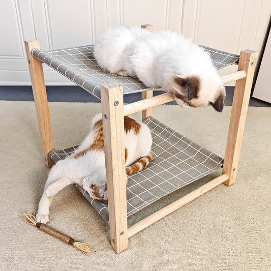 KFX-3503037 Double Layer Cat Hammock Pet Bed - Removable and Washable Solid Wood Design in Classic Gray and Navy Blue