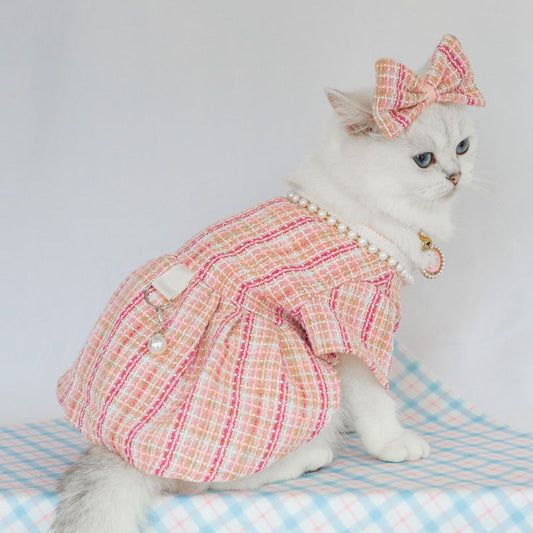 KFX-3521085 Pink Pearl Collar Pet Clothes Suit with Floral Detail for Dogs and Cats - Various Sizes Available