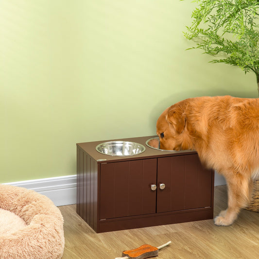 KFX-3528637 Raised Dog Bowl Stand with Storage Cabinet for Large Dogs - Brown MDF and Stainless Steel Feeding Station