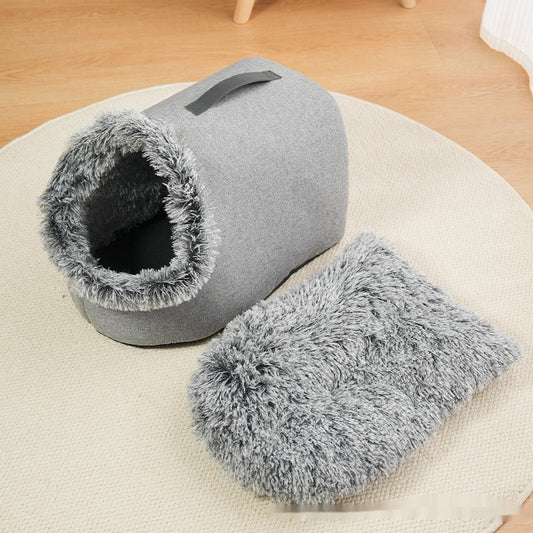 KFX-3576381 Portable Warm Closed Plush Pet Nest Bed in Brown and Gray for Cats and Small Dogs