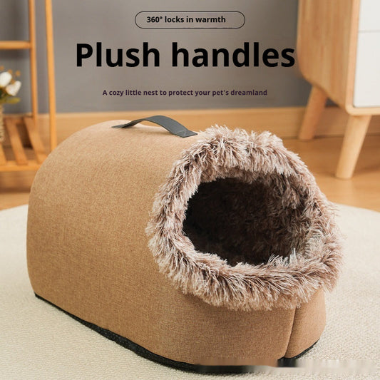 KFX-3576381 Portable Warm Closed Plush Pet Nest Bed in Brown and Gray for Cats and Small Dogs