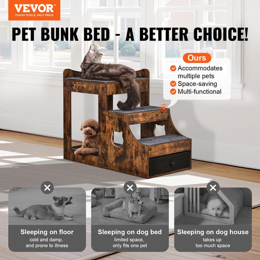 KFX-3578941 Multifunctional Pet Bunk Bed with Stairs and Window Perch for Dogs and Cats