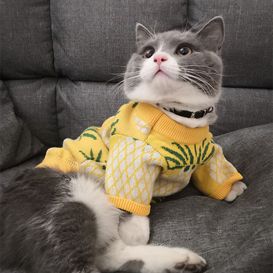KFX-3586237 Adorable Yellow Pineapple Print Wool Pet Sweater for Autumn and Winter, Sizes S-XXL