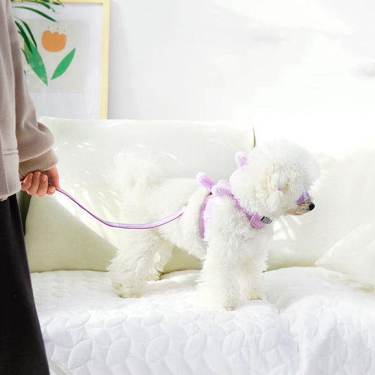 KFX-3603517 Vest-Style Cat and Dog Harness and Leash Set in Purple, Pink, and Off White - Suitable for Pets 3-12 Pounds