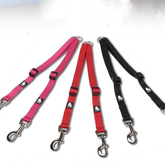 KFX-3609277 Double Head Traction Rope for Dogs - Thick Nylon Strap with Stainless Steel Pull Ring and Buckle, Available in Rose Red, Black, Red
