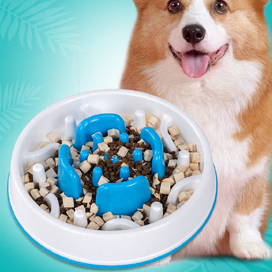 KFX-3615421 Round Anti-Knock Slow Feed Dog Bowl - White and Blue, 5.5 cm Height, Indoor Use