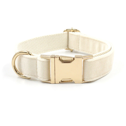 KFX-3617085 Cream Velvet Dog Collar with Gold Buckle and Bow Tie, Multiple Sizes Available