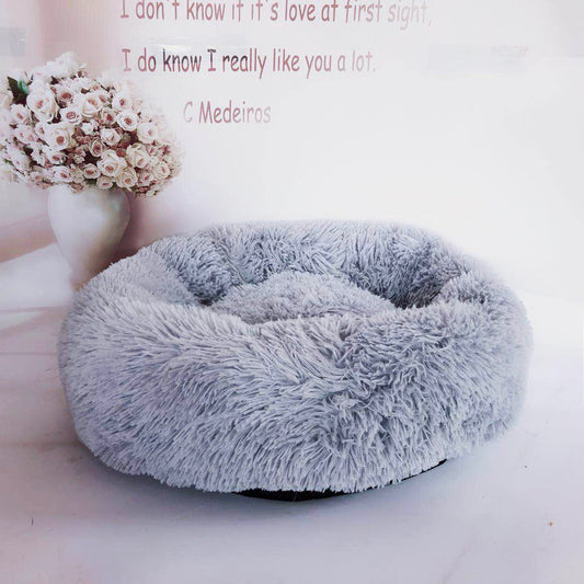 KFX-3680829 Calming Round Plush Pet Nest Bed for Small Dogs and Cats, Soft Vegan Fabric, 110cm Diameter