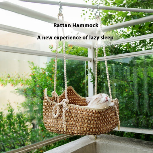 KFX-3699645 Rattan Cat Nest - Brown Straw Cat Hammock for Cats Under 15kg
