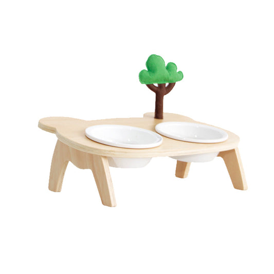 KFX-3709757 Ceramic Pet Bowl with Wooden Stand for Cats – Simple Design Water and Food Dish