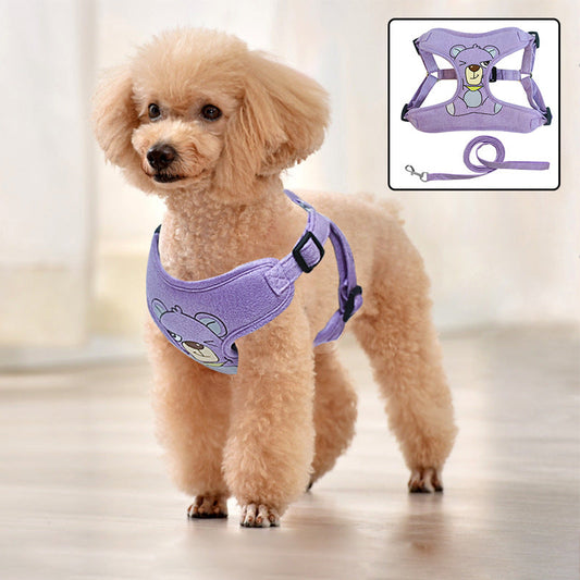KFX-3724349 Suede Pet Harness with Chest Strap and Leash in Pink, Light Green, Dark Purple - Sizes S, M, L, XL