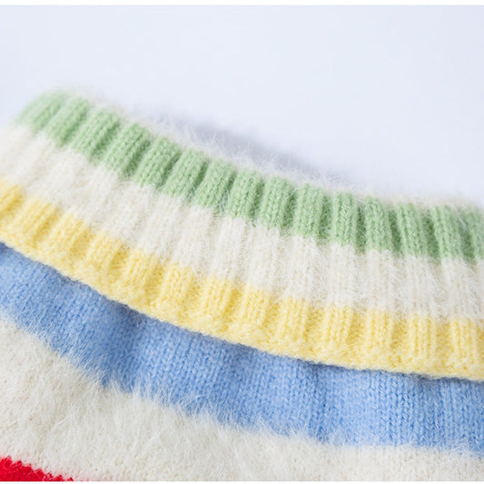 KFX-3729597 Medium-Sized Dog Pullover Sweater with Playful Cherry Design and Vibrant Multicolor Stripes