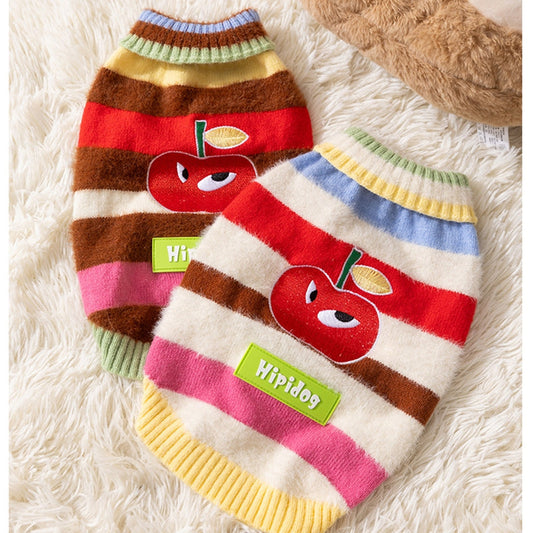 KFX-3729597 Medium-Sized Dog Pullover Sweater with Playful Cherry Design and Vibrant Multicolor Stripes