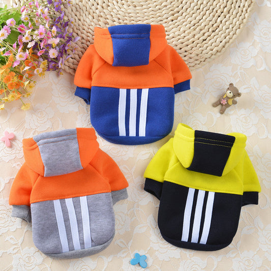KFX-3735869 Fashionable Fleece Hooded Contrast Sweater for Dogs in Blue, Gray, and Yellow