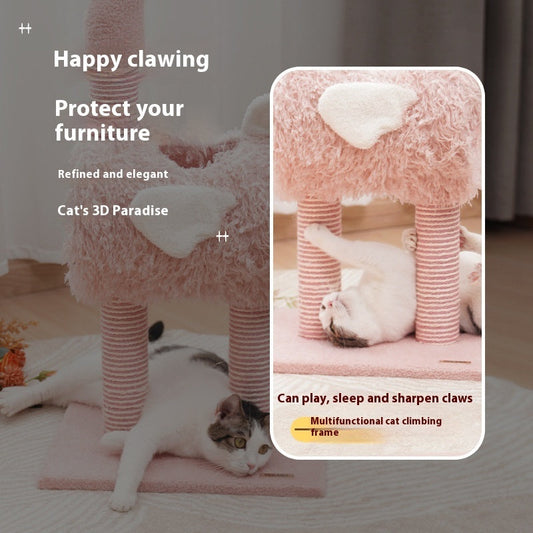 KFX-3763773 Sisal Cat Climbing Frame with Cat Nest for Scratching and Play - Cute Design in White and Pink