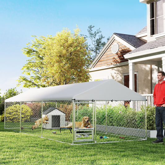 KFX-3767229 Spacious Outdoor Dog Kennel with Waterproof Cover & Adjustable Bowl Rack, 19.7' x 7.5' x 5.2'