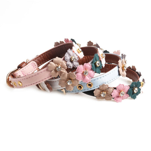 KFX-3781053 Stylish Pet Dog Flower Collar with Rhinestones in Blue, Black, White, or Pink