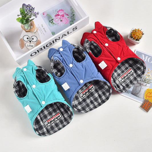 KFX-3812413 Teddy Pet Plaid Vest Jacket for Autumn and Winter - Comfortable Pressed Cotton in Blue, Red, and Green Sizes XS to 8L
