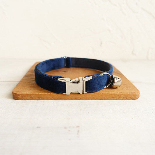 KFX-3852349 Navy Blue Double-Layer Soft Velvet Pet Collar for Cats, Size S and L