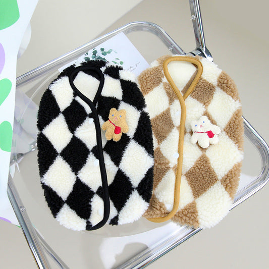 KFX-3868221 Cozy Coral Fleece Dog Clothes with Diamond Plaid Design in Brown & Black