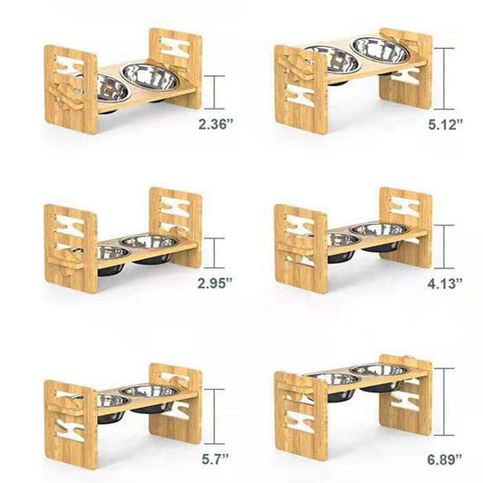 KFX-3877565 Stainless Steel Double Bowl Holder with Bamboo Stand for Cats and Dogs