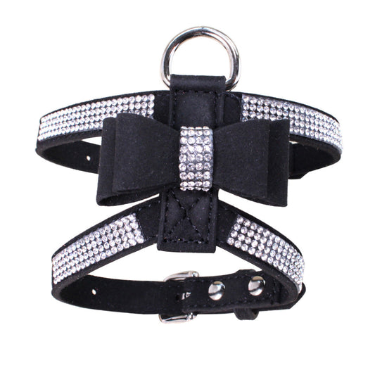 KFX-3909437 Shiny Rhinestone Dog Chest Strap Leash with Adjustable Suede Fabric Collar