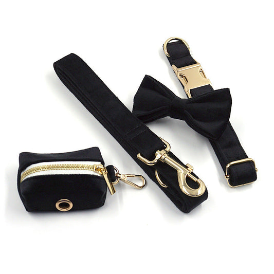 KFX-3915709 Black Velvet Pet Collar with Gold Buckle, Lead Rope, Bow, and Poop Bag Set