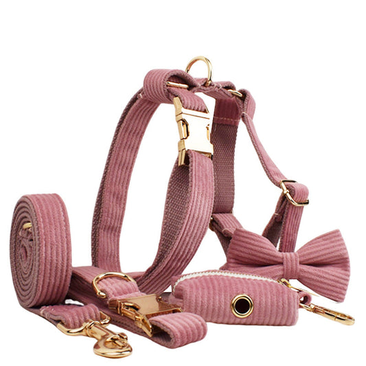 KFX-3917373 Corduroy Pet Collar and Leash Set with Bow and Waste Bag