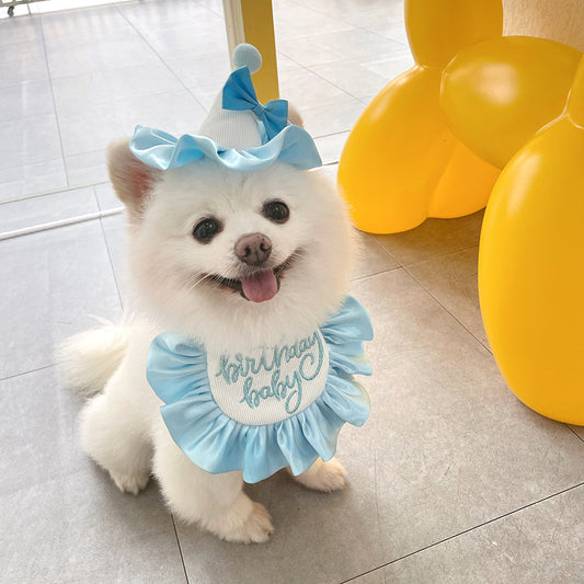 KFX-3922237 Cute Dog Birthday Bib and Hat Set with Embroidery for All Seasons