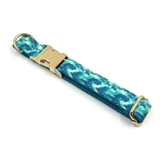 KFX-3948477 Agate Green Striped Dog Collar and Leash Set with Gold Buckle