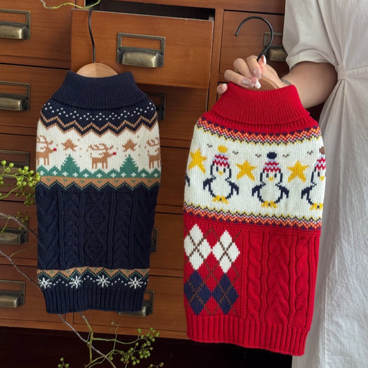KFX-3959997 Festive Red Penguin & Navy Elk Dog and Cat Sweaters - Casual Polyester Pet Clothing in Sizes XS to XXL