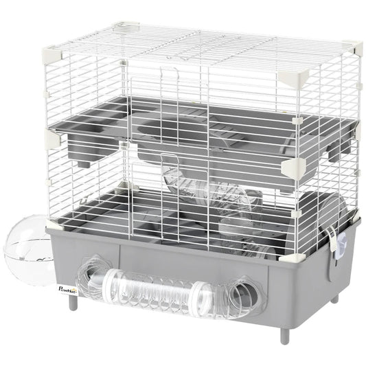 KFX-3969597 2-Tier Hamster Cage with Sand Bathroom, Running Wheel, Water Bottle, and Tubes - Gray