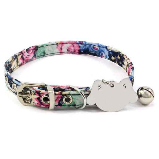 KFX-3977533 Double-Sided Laser Engraved Pet Collar with Brass Bell - Flower Pattern
